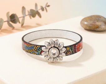 Leather Sunflower Bracelet Cuff Design Boho Style Statement Jewelry Magnetic Clasp Rhinestone Center Flower Accessory Handmade Gift Women