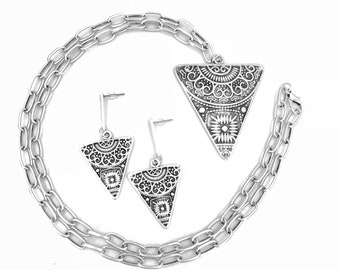 Triangle Medallion Antique Silver Necklace and Earrings, Pendant Necklace and Earrings Set, Jewelry for Women