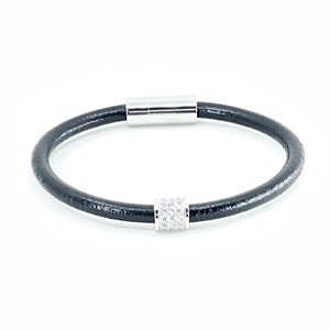 Black Leather Bracelet: Pave Rhinestone, Stainless Steel Magnetic Clasp