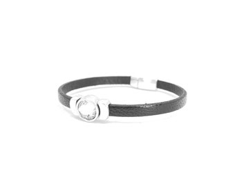 Black Leather Boho Bracelet, Swarovski Crystal Bracelet, Double Loop Bracelet, Leather Boho Jewelry, Women’s Bracelet, Handmade Jewelry