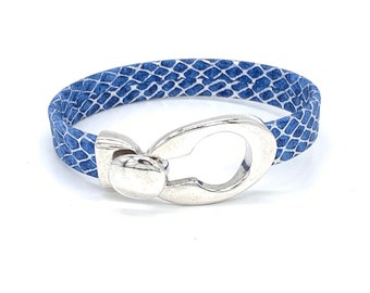 Women's Blue and Silver Leather Bracelet with Keyhole Clasp, Blue and Silver Leather Bracelet with Zamak Keyhole Clasp