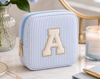 Personalized Seersucker Makeup Bag Travel Organizer Toiletry Pouch Small Compact Storage Beauty Accessory Initial Monogram Chenille Letter