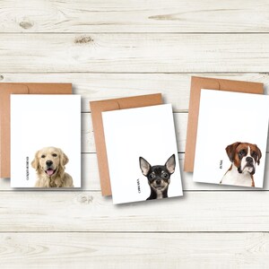 Three greeting cards featuring different dog breeds, including a golden retriever, a chihuahua, and a boxer, are displayed on a wooden surface.
