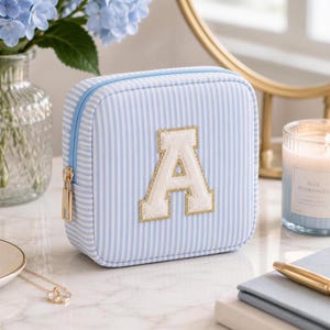 Personalized Seersucker Makeup Bag Travel Organizer Toiletry Pouch Small Compact Storage Beauty Accessory Initial Monogram Chenille Letter