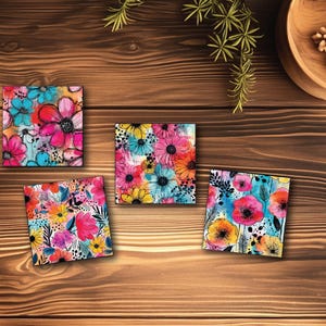 Floral Coaster Set Handmade Coasters Bright Design Modern Aesthetic Table Protection Furniture Piece Decorative Accessory Coffee Table Gift Different Patterns Durable Construction Cork Backing Quality MDF Material Prevents Water Damage Heat