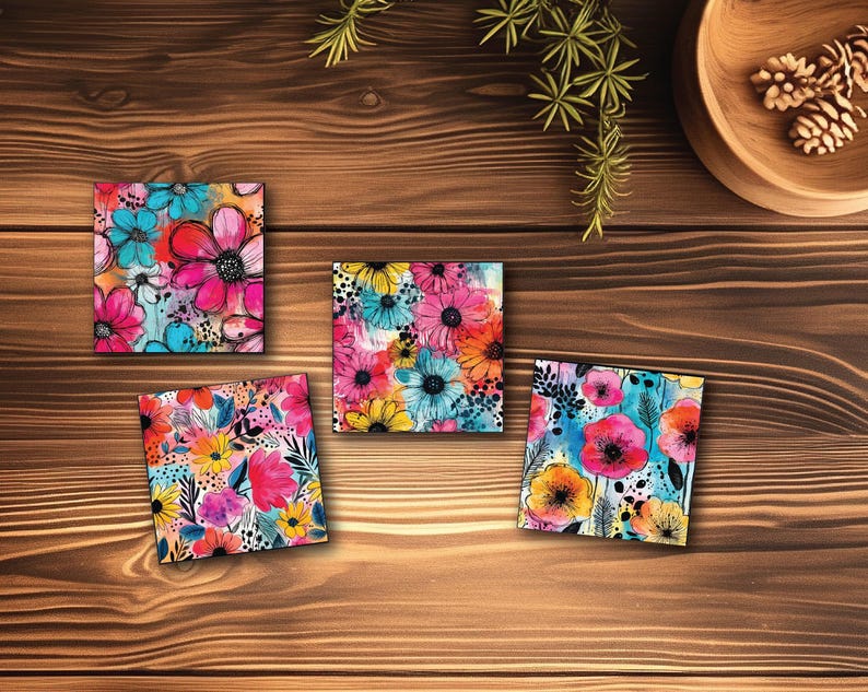 Floral Coaster Set Handmade Coasters Bright Design Modern Aesthetic Table Protection Furniture Piece Decorative Accessory Coffee Table Gift Different Patterns Durable Construction Cork Backing Quality MDF Material Prevents Water Damage Heat