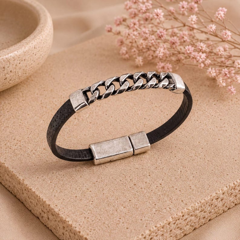 Chain Bar Bracelet Black Leather Design Statement Piece Jewelry Magnetic Clasp Closure Antique Silver Detail Italian Camel Leather Material Bold Fashion Accessory Minimalist Style Approach Unique Wrist Adornment Everyday Wear Option Quality