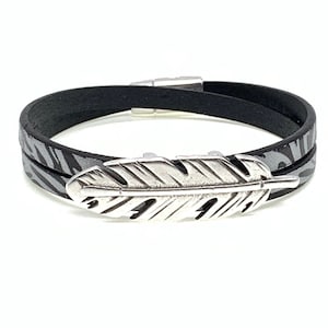 Zebra Leather Wrap Bracelet: Sterling Silver Feather Charm, Magnetic Clasp