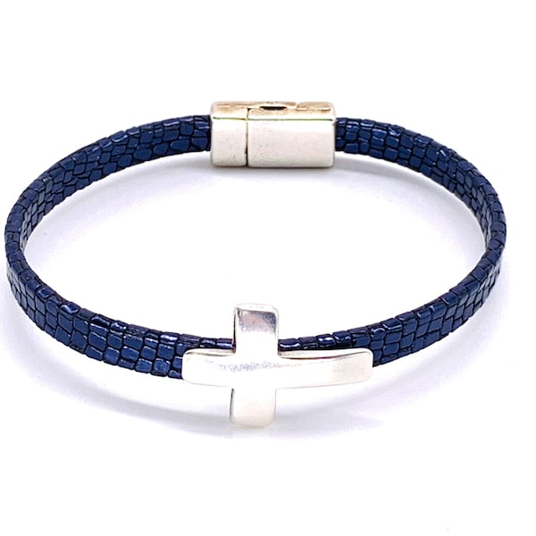 Blue Leather Cross Charm Bracelet for Women, Blue and Silver Cross Charm Jewelry for Women