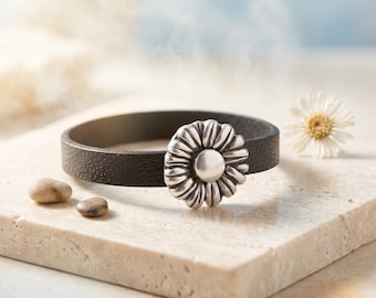 Leather Sunflower Bracelet Magnetic Clasp Antique Silver Flower Charm Statement Jewelry Bohemian Style Camel Cuff Wristband Handmade