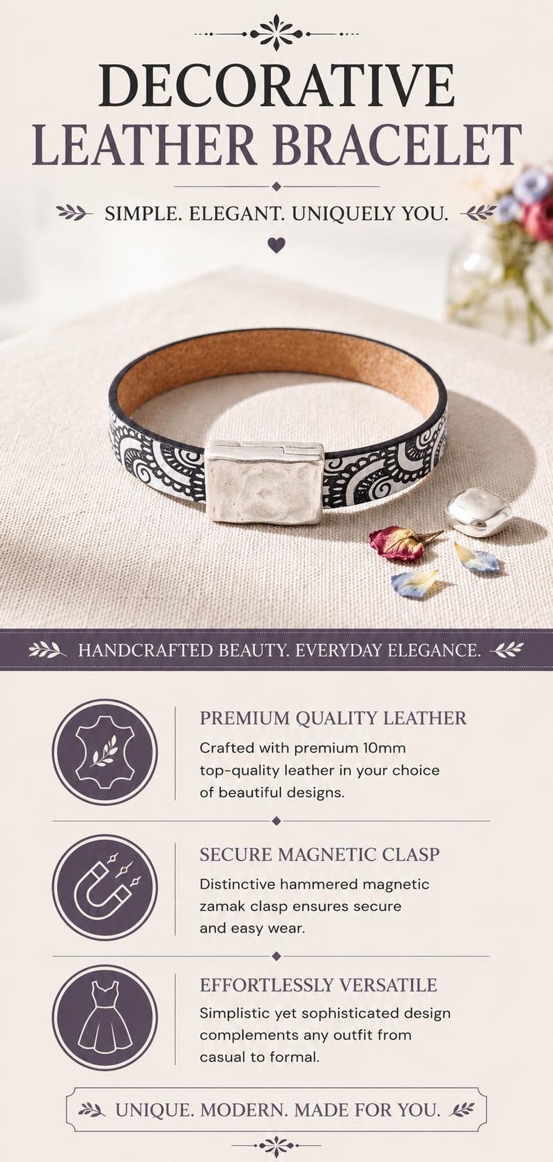 Pulsera magnética de cuero, diseño artesanal, brazalete llamativo, cierre de zamak, joyería de estilo minimalista, accesorio para el día a día, pulsera colorida de calidad. imagen 10