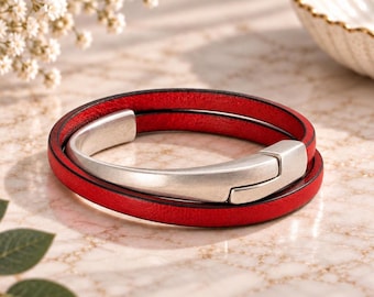 Red Leather Half Cuff Bracelet Antique Silver Magnetic Clasp Fashion Statement Jewelry Handcrafted Minimalist Womens Accessory Gift for Her