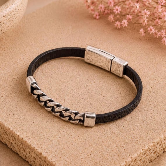 Black Leather Bracelet Chain Bar Statement Piece Magnetic Clasp Design Jewelry Italian Leather Camel Material Antique Silver Detail