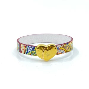 Colorful Lilac Roses Leather Bracelet with Shiny Gold Heart Magnetic Clasp, Heart Leather Bracelet, bracelet for women, Gifts for women