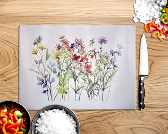 Glass Cutting Board Kitchen Decor Wildflower Design Botanical Gift Nature Lover Kitchen Accessory Floral Style Elegant Surface Durable