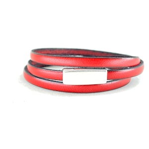 Handmade Red Leather Triple Wrap Bracelet: Sterling Silver Magnetic Clasp