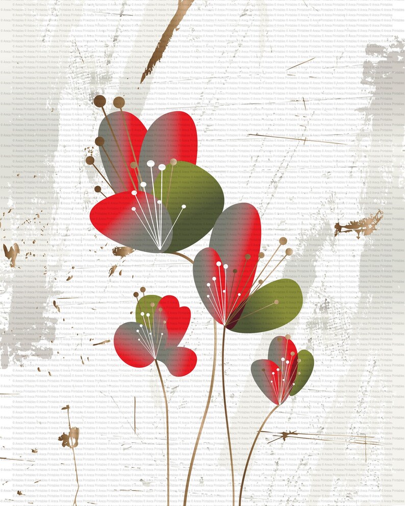 Digital Print with Simplistic Red Flowers and Neutral Toned Splatter Background Minimalist Downloadable Print of Vibrant Flowers