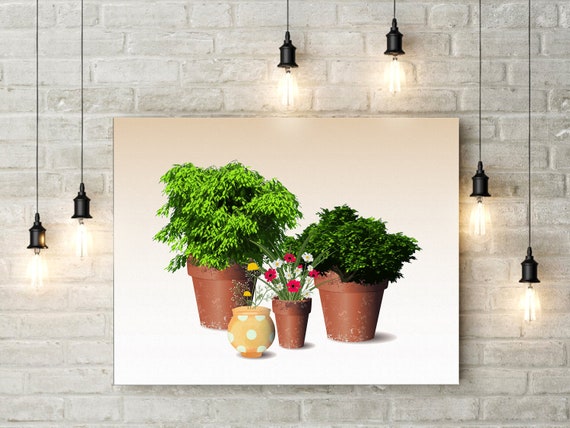 Flowers in Pots Digital Print Potted Plants Digital Print Digital Print with Floral Graphics