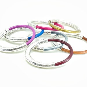 Leather Bracelet with Silver Half Cuff: Magnetic Clasp Bangle