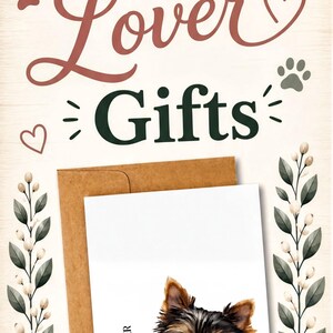 The image is a greeting card featuring a Yorkshire Terrier dog on the front, surrounded by decorative elements such as leaves and paw prints.