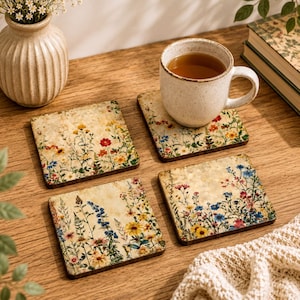 Wildflower Coaster Set of Coasters Cork Backed Housewarming Hostess Gifts for Friends Handmade Custom Sets Kitchen Dining Table Floral Mdf