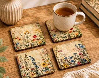 Juego de posavasos con diseño de flores silvestres, con base de corcho, ideales como regalos para anfitrionas o para regalar a amigos. Hechos a mano, personalizados, para cocina y comedor. Diseño floral en MDF.