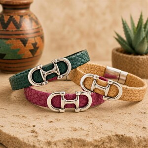 Leather Bit Bracelet Silver Statement Handmade Jewelry Equestrian Gift Horse Enthusiast Western Style Magnetic Clasp Cowhide Accessory