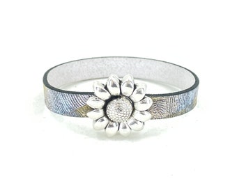 Leather Sunflower Bracelet, Silver Flower Bracelet, Boho Hippie Bracelet, Trendy Sunflower Jewelry, Bracelet Gift, bracelets for Women