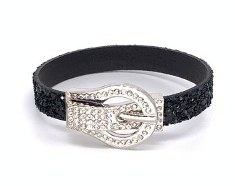 Black Glitter Leather and Rhinestone Buckle Bracelet, Rhinestone Jewelry, Leather Jewelry for Women, Glitter Leather Bracelet for Women