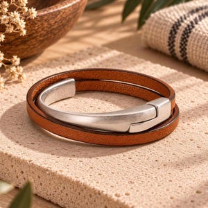 Tobacco Leather Half Cuff Bracelet Antique Silver Finish Magnetic Clasp Womens Leather Bangle Tobacco and Silver Jewelry Gift for Her