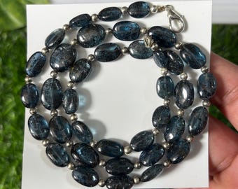 Natural Teal Moss Kyanite Beaded Necklace – 20 Inch Smooth Oval Gemstone Jewelry