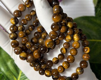 Natural Tiger Eye Gemstone Ball Bracelet – Handmade Beaded Stretch Jewelry
