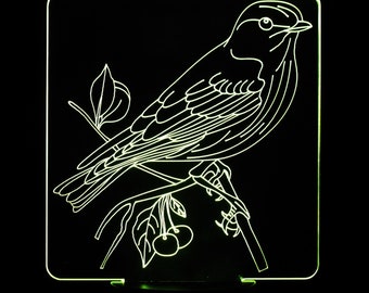 Sparrow on Branch 3-D Optical Illusion LED Desk, Table, Night Lamp