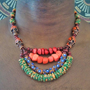 Mens African Jewelry Yak Bone Beads Skull Beads Old Fossil Beads Afrocentric Chunky Statement Necklace Mens Tribal Ethnic Luxury High End