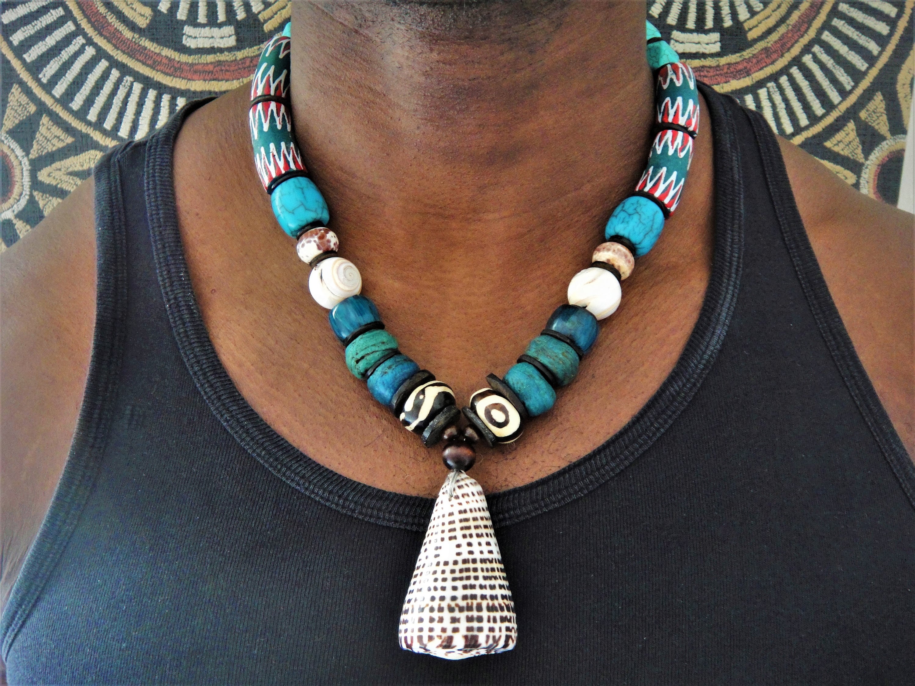 Mens African Jewelry Trade Bead Necklace Tribal Bone Choker Mens African Jewelry Trade Bead Necklace Tribal Bone Choker