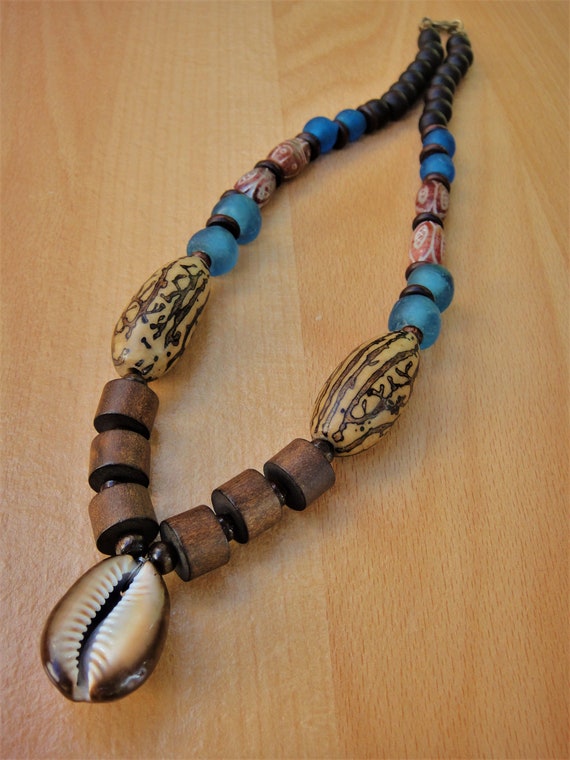 Mens Tribal Jewelry Cawry Shell Pendant Afrocentric Carved
