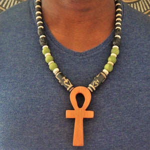 Mens African Necklace Ankh Pendant Egypt Luxury Khemit Afrocentric Jewelry Chunky Statement Necklace Tibetan Agate Olive Jadeite Gemstones