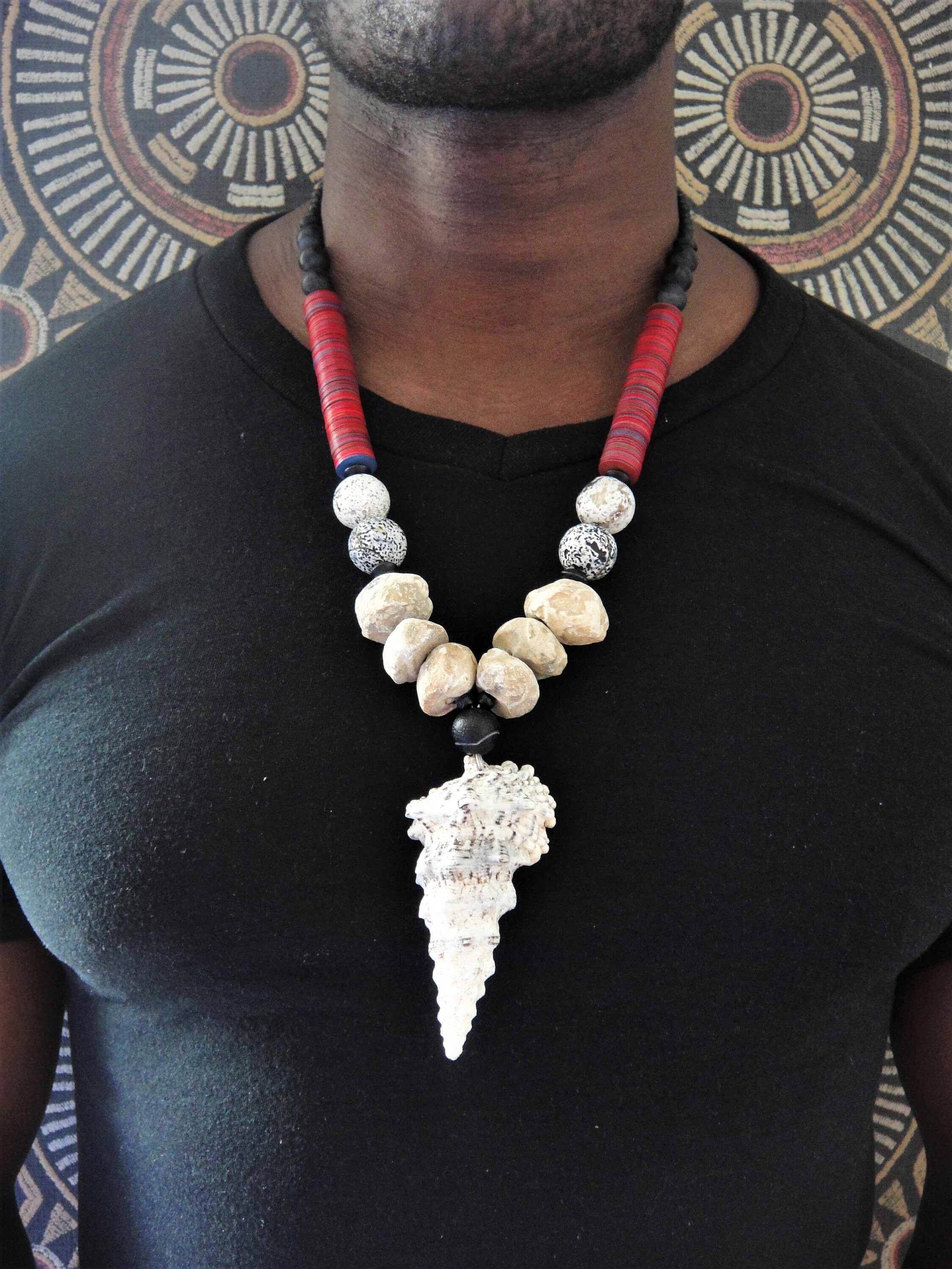 Mens Tribal Necklace Large Shell Pendant SemiPrecious Etsy