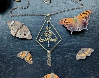 Brass Moth Necklace with Lapis Beads, Fringe Chain