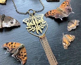 Brass Luna Moth Necklace, Hand-Formed Details, 16" Chain