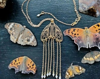 Brass Moth Pendant Necklace with Crystal Fringe - 16 Inch