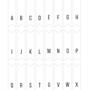 May include: Printable alphabet banner with black letters on white flags. The letters are A through X.