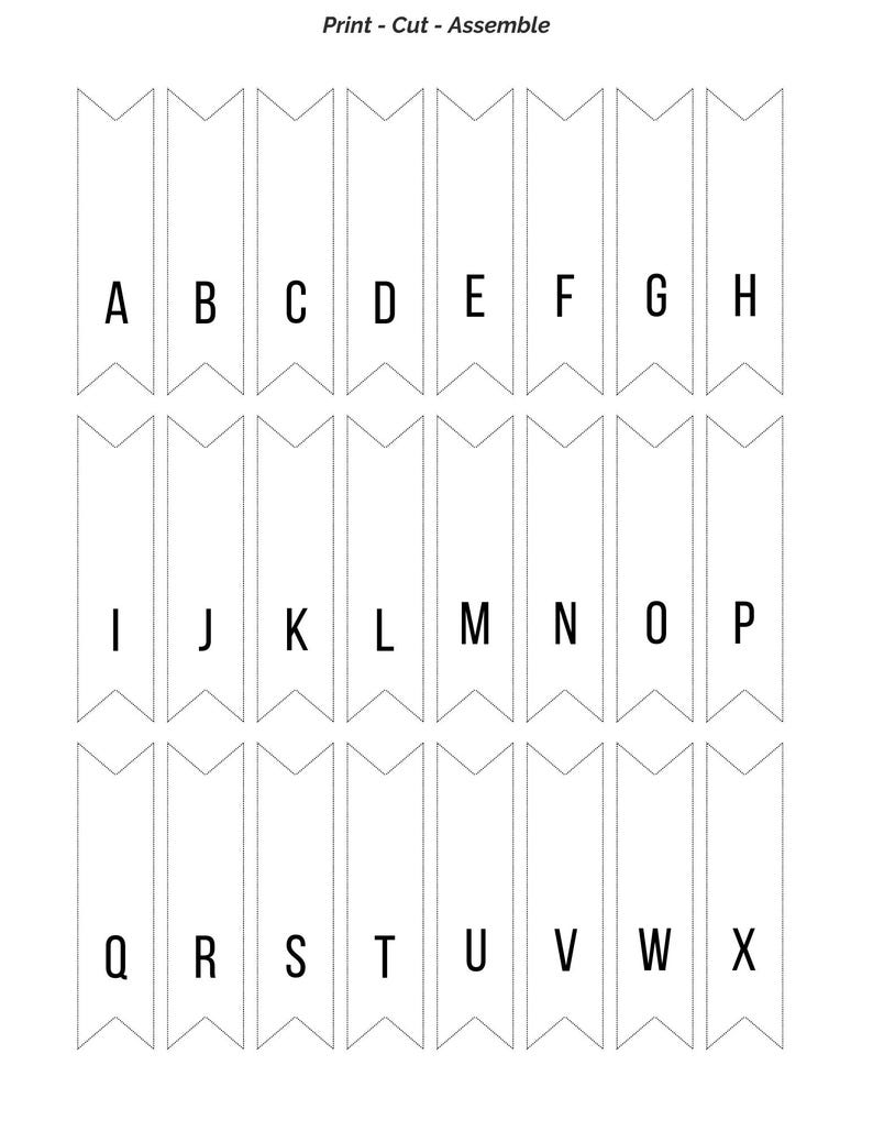 May include: Printable alphabet banner with black letters on white flags. The letters are A through X.