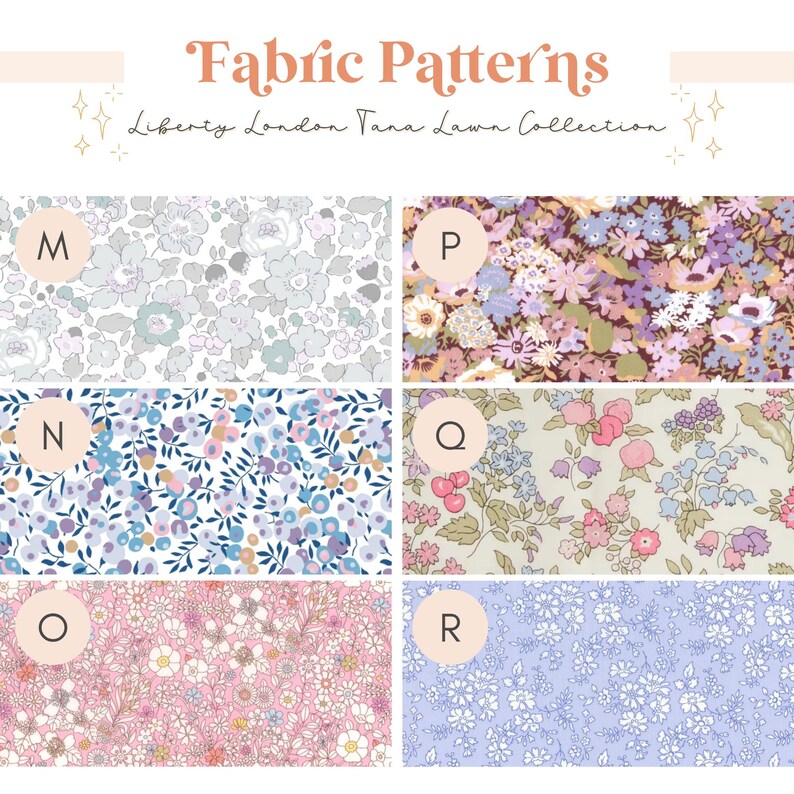 May include: A grid of six fabric swatches labeled M through R from the Liberty London Tana Lawn Collection. Each swatch features a distinct floral pattern in various color palettes including soft pinks, blues, purples, and muted greys.