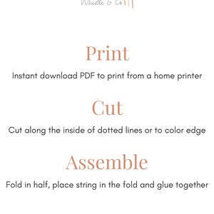 May include: Instructions for assembling a printable craft project. The steps are: Print, Cut, and Assemble. The image includes a rainbow logo with the text "Whistle & Co."