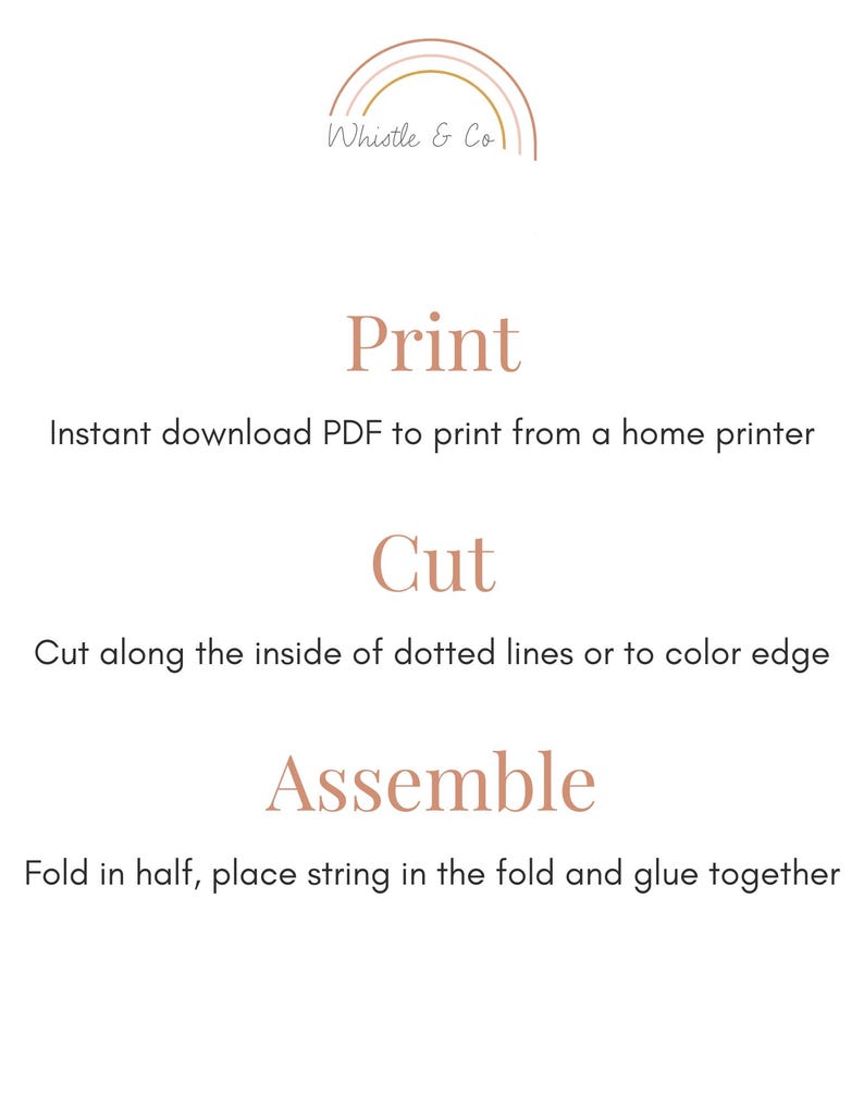 May include: Instructions for assembling a printable craft project. The steps are: Print, Cut, and Assemble. The image includes a rainbow logo with the text "Whistle & Co."