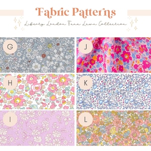 May include: A grid of six fabric swatches labeled G through L from the Liberty London Tana Lawn Collection. The patterns feature various floral designs in color palettes including grey, bright pink, light pink, blue, lavender, and peach tones.