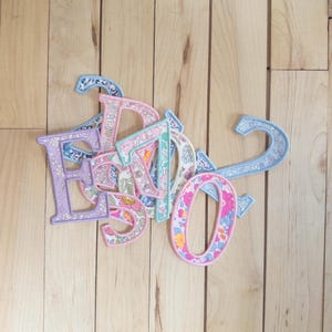Puede incluir: Una colección de letras y números de tela con diversos estampados florales en tonos pastel de rosa, azul, morado y verde. Cada carácter está delineado con un borde cosido, creando un conjunto decorativo de aplicaciones textiles.