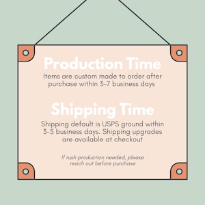 May include: A rectangular sign with rounded corners and orange accents, suspended by a black string. The sign displays text in white, including "Production Time" and "Shipping Time", against a peach background.
