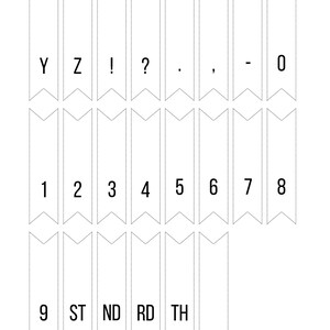 May include: Printable set of white banner flags with black text. The flags include letters, numbers, punctuation marks, and ordinal indicators. The text on the flags includes: Y, Z, !, ?, ., -, 0, 1, 2, 3, 4, 5, 6, 7, 8, 9, ST, ND, RD, TH.